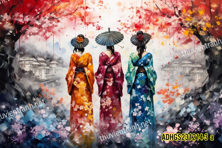 Tranh dán tường hoa cô gái Geisha Nhật Bản-ADHGS231214-3 a  - Tranh tường chất lượng cao